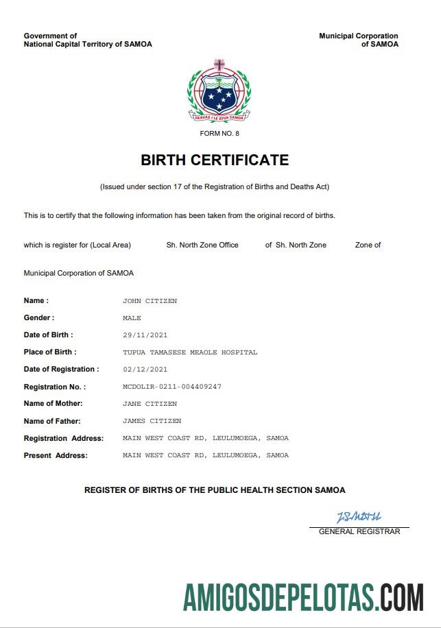 Realista modelo Word e PDF de certidão de nascimento de registro vital de Samoa